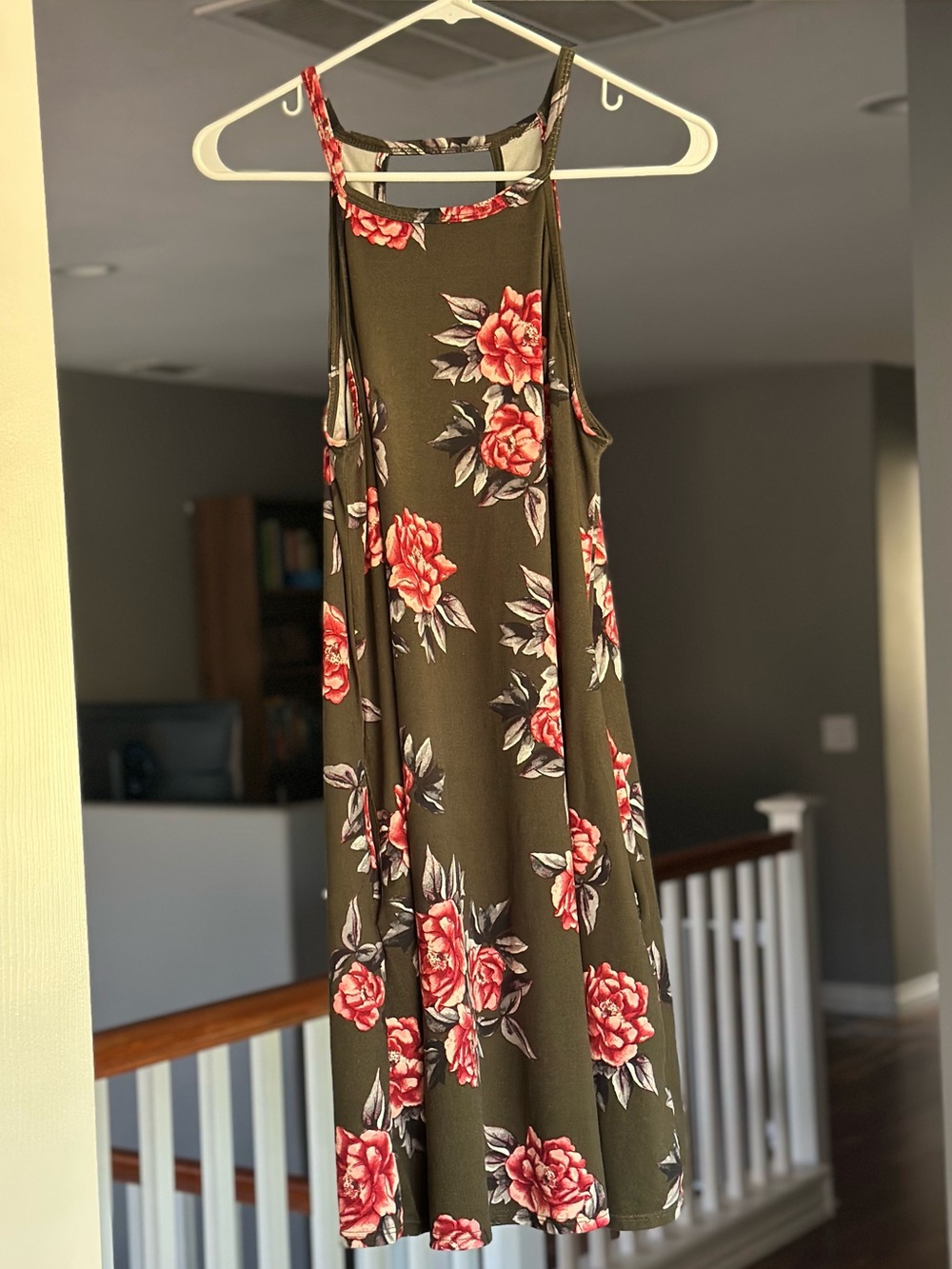 Nine Britton Olive Green Floral Racerback Dress Size M Boho